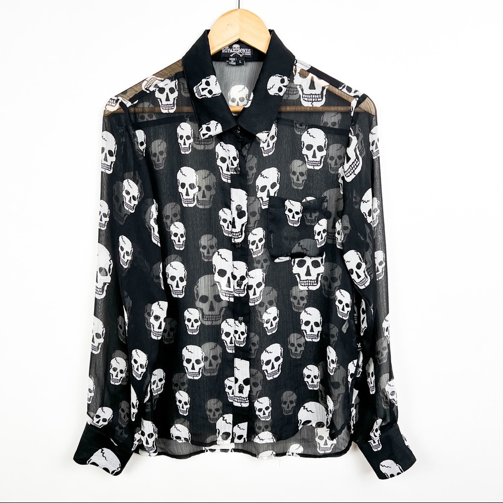 Royal Bones Y2K black skulls print collared sheer button up top size large